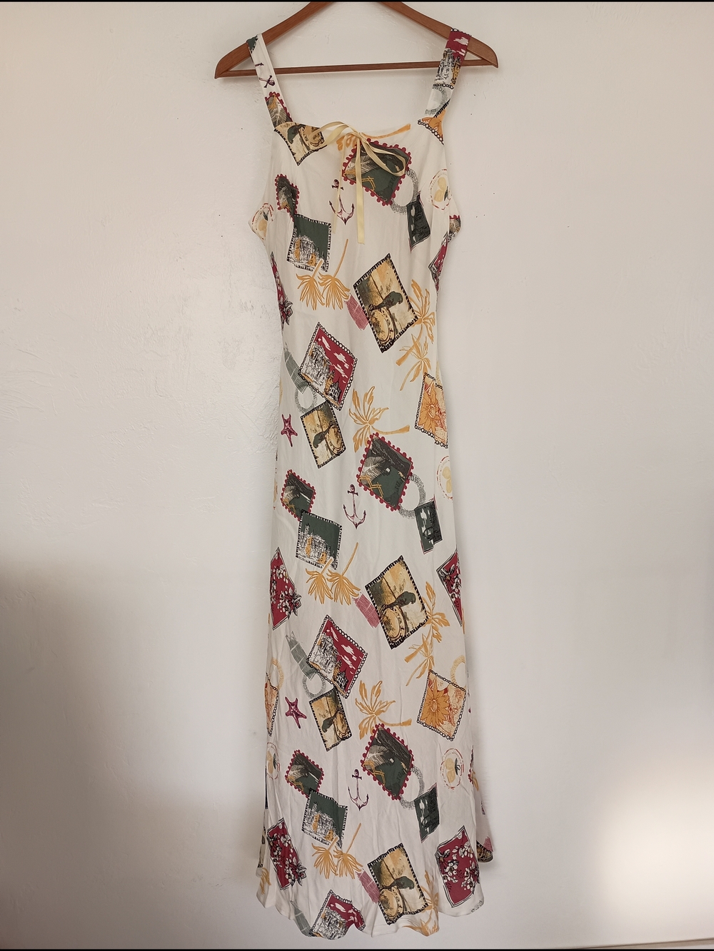 White Maxi Slip Dress with Yellow & Green Postcard Travel Print